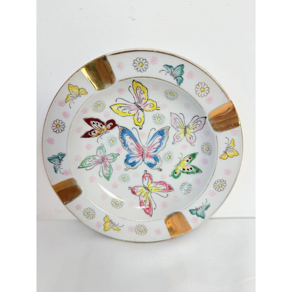 Lenwile China Porcelain Floral Butterfly Gold Vintage Ashtray